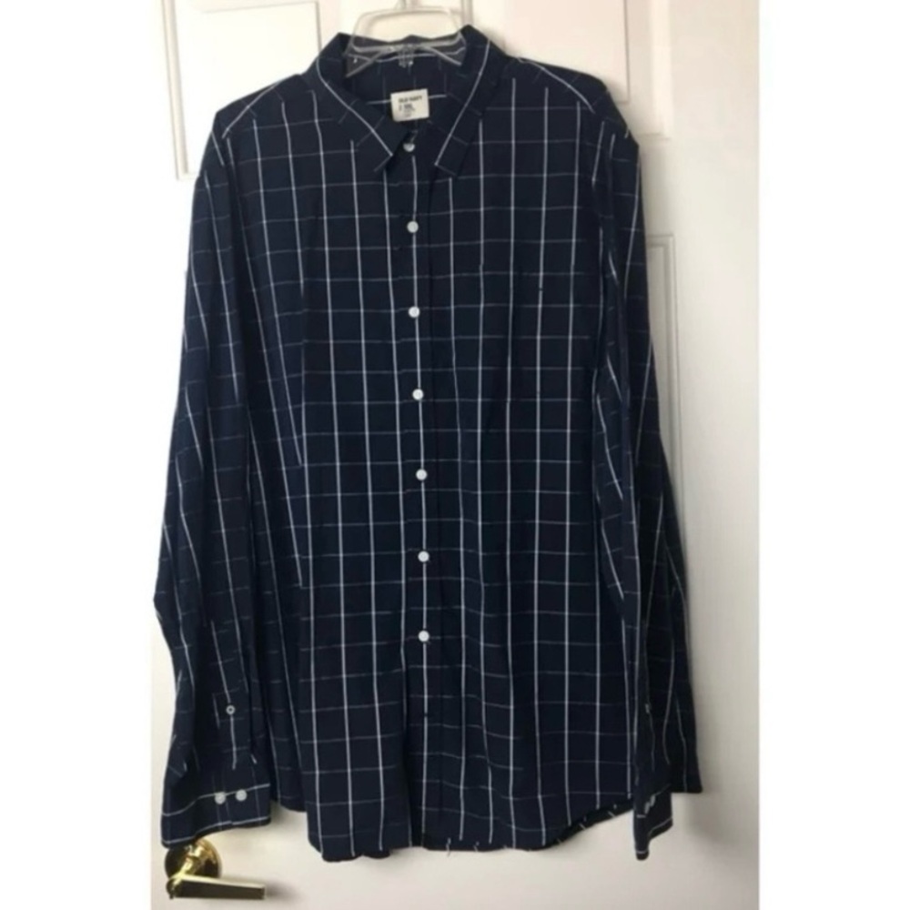Old Navy Men's Long sleeve Button Down Shirt Checker Navy Slim Fit XXL New